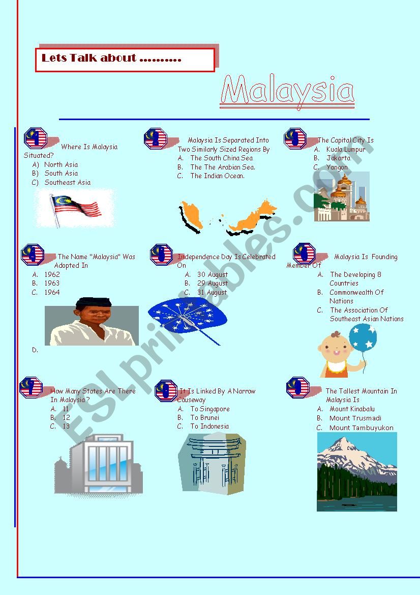 Quiz on Malaysia  worksheet