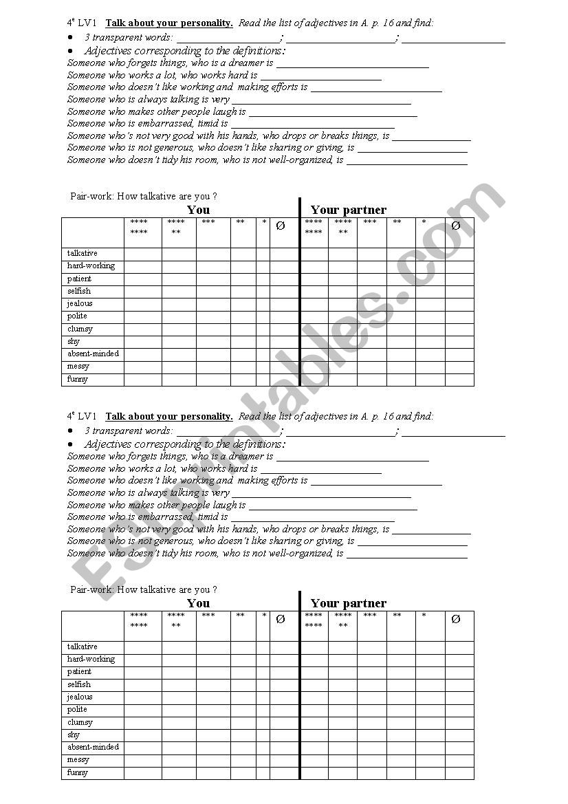 talk about your personality worksheet