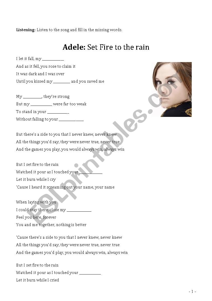 Adele- Set Fire to the Rain worksheet
