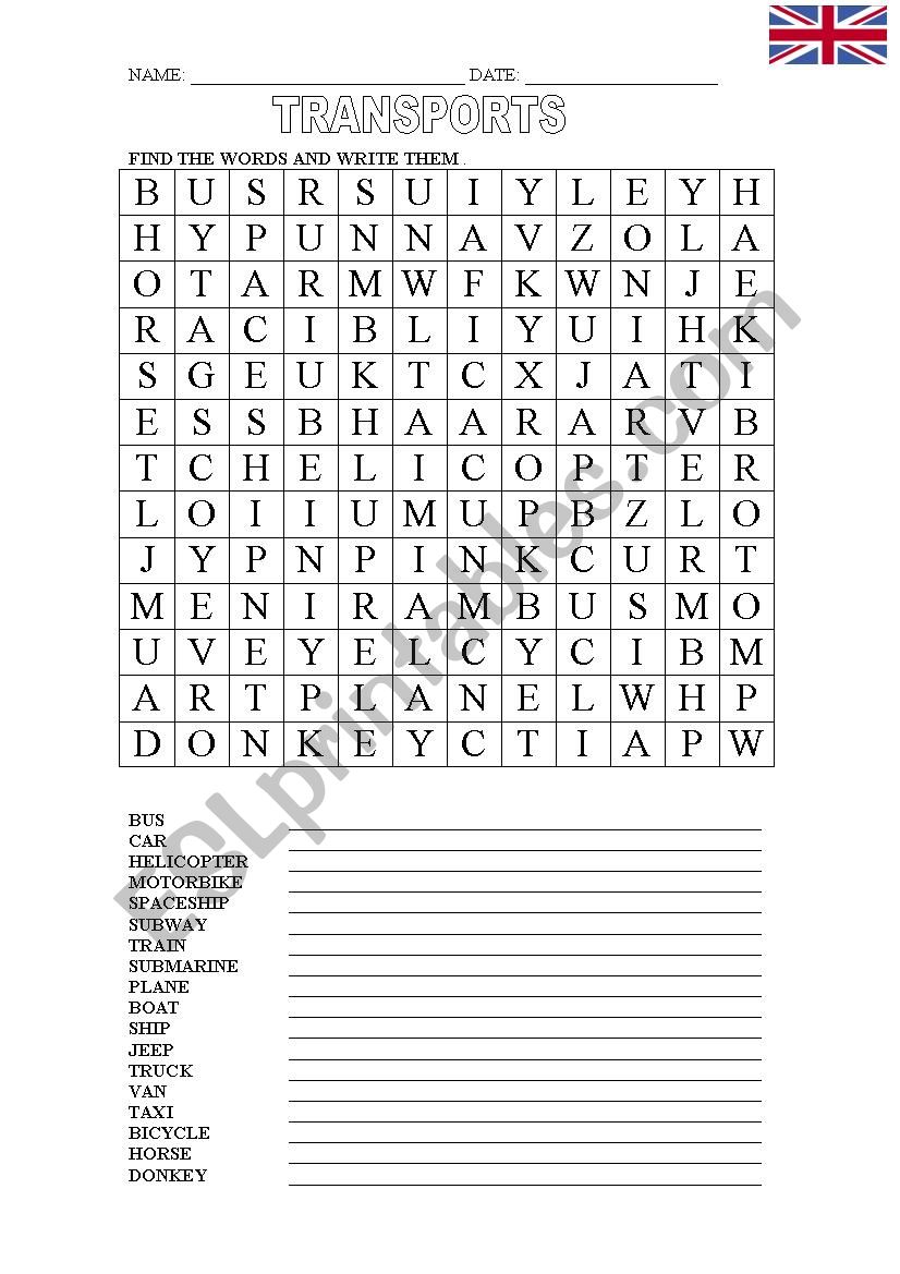 Transports wordsearch worksheet