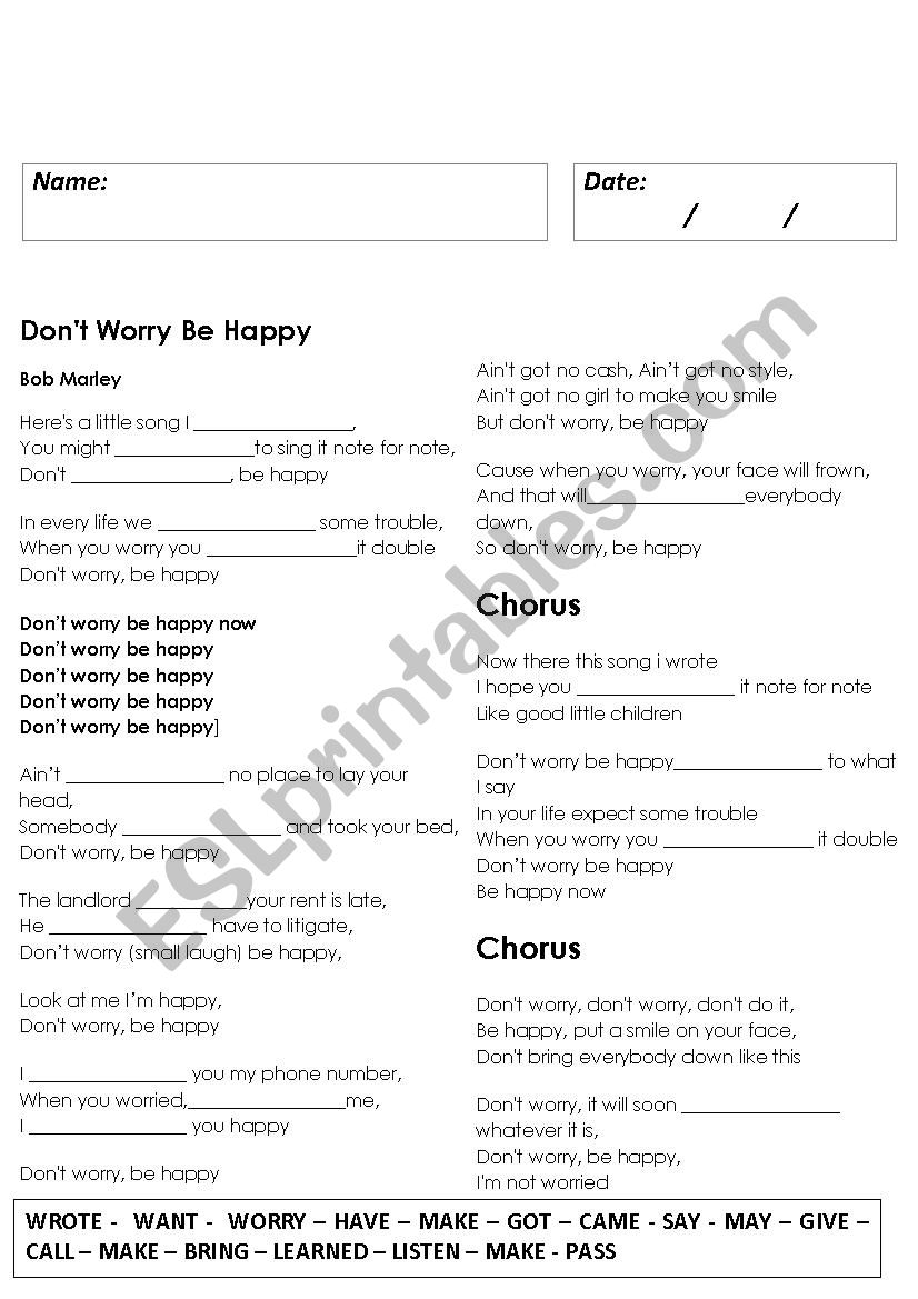 Dont worry  worksheet