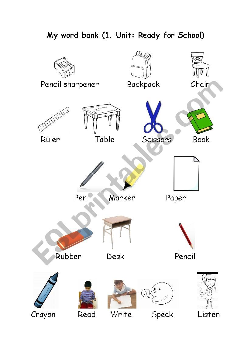 classroom items word bank worksheet
