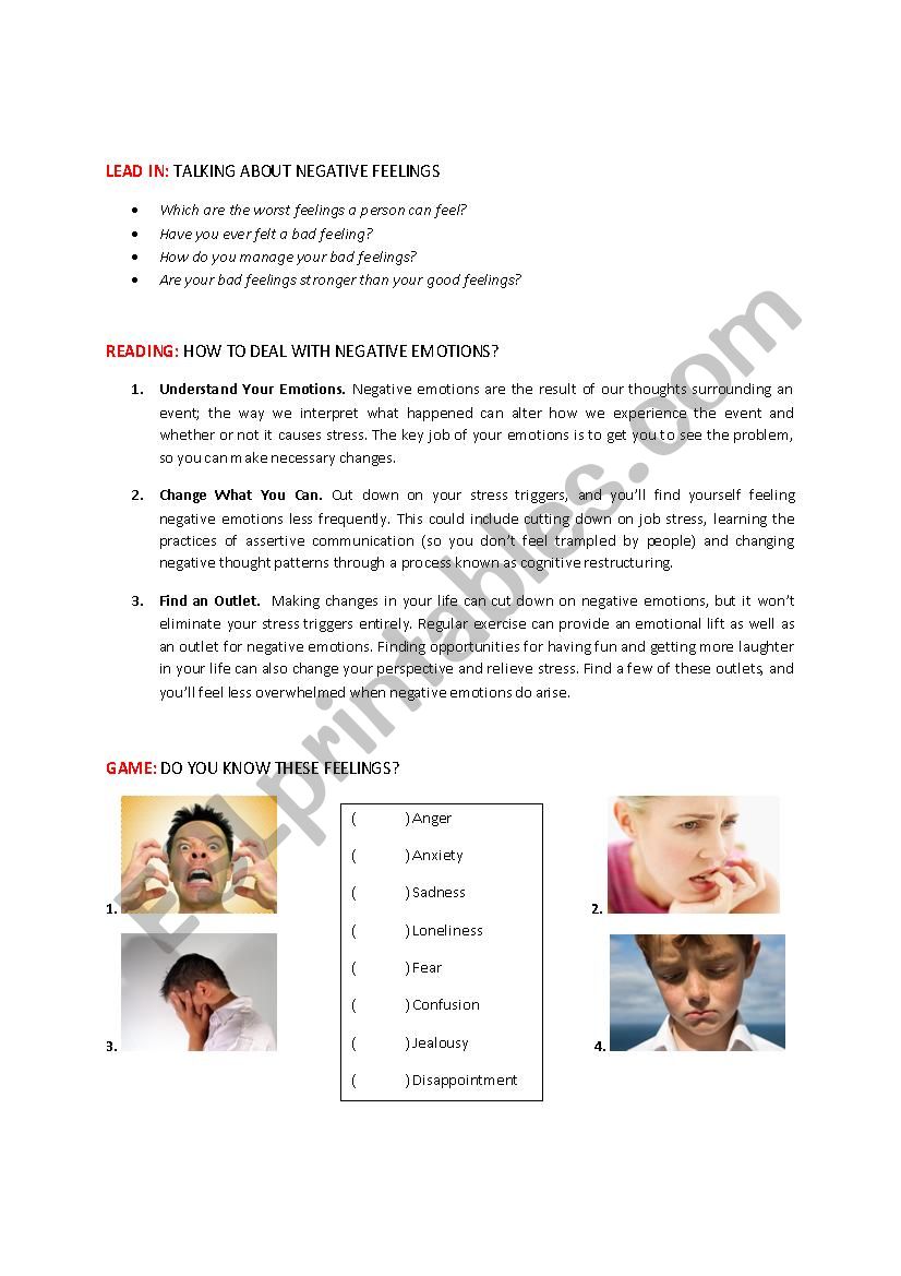 Negative Feelings worksheet