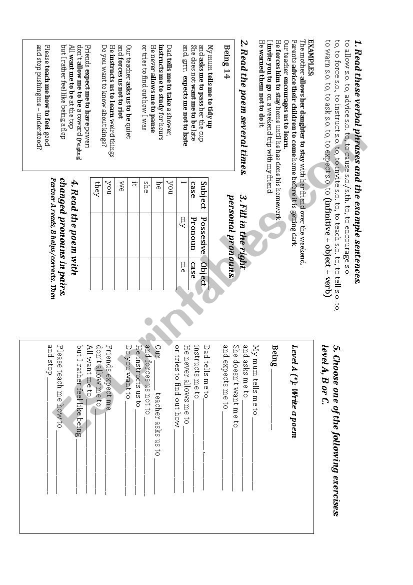 BEING 14 PHRASAL VERB POEM worksheet