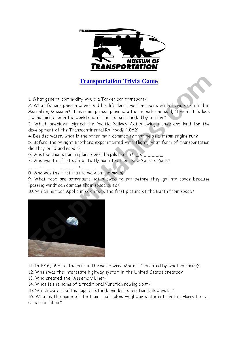 Transportation trivia game worksheet