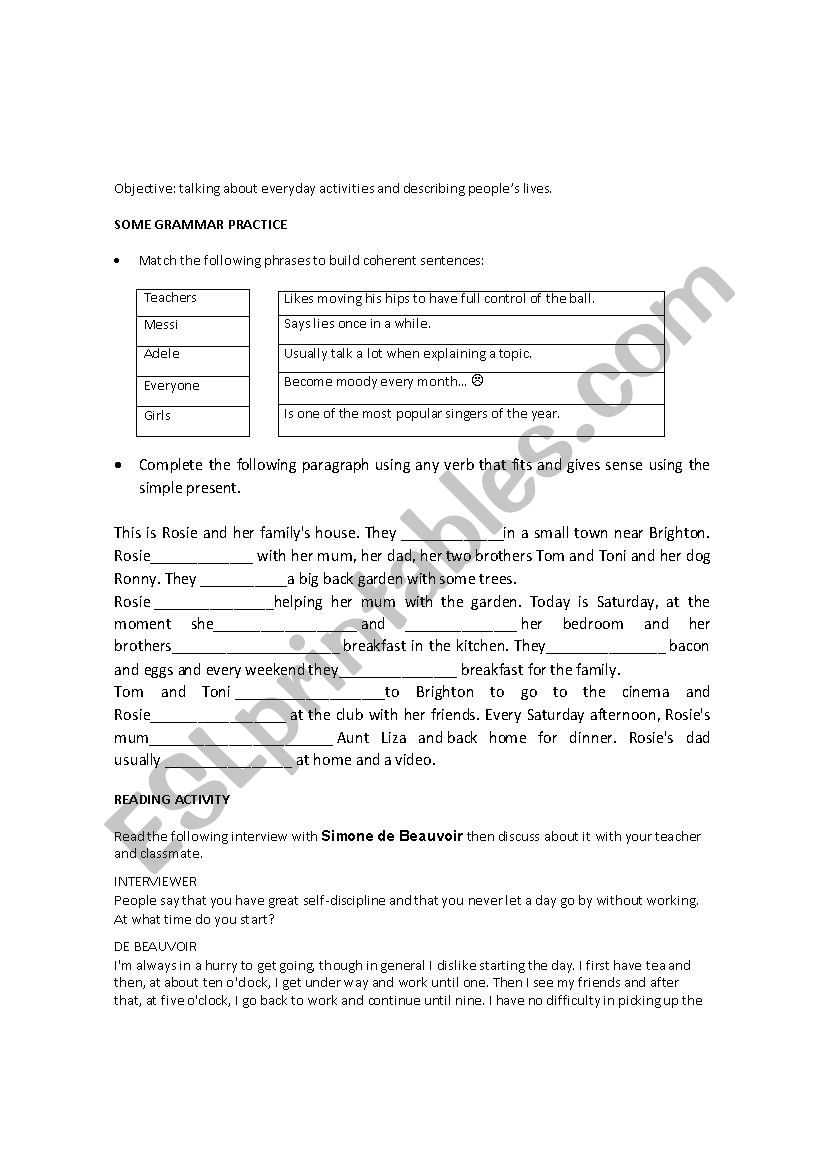 DAILY ROUTINES WORKSHEET worksheet