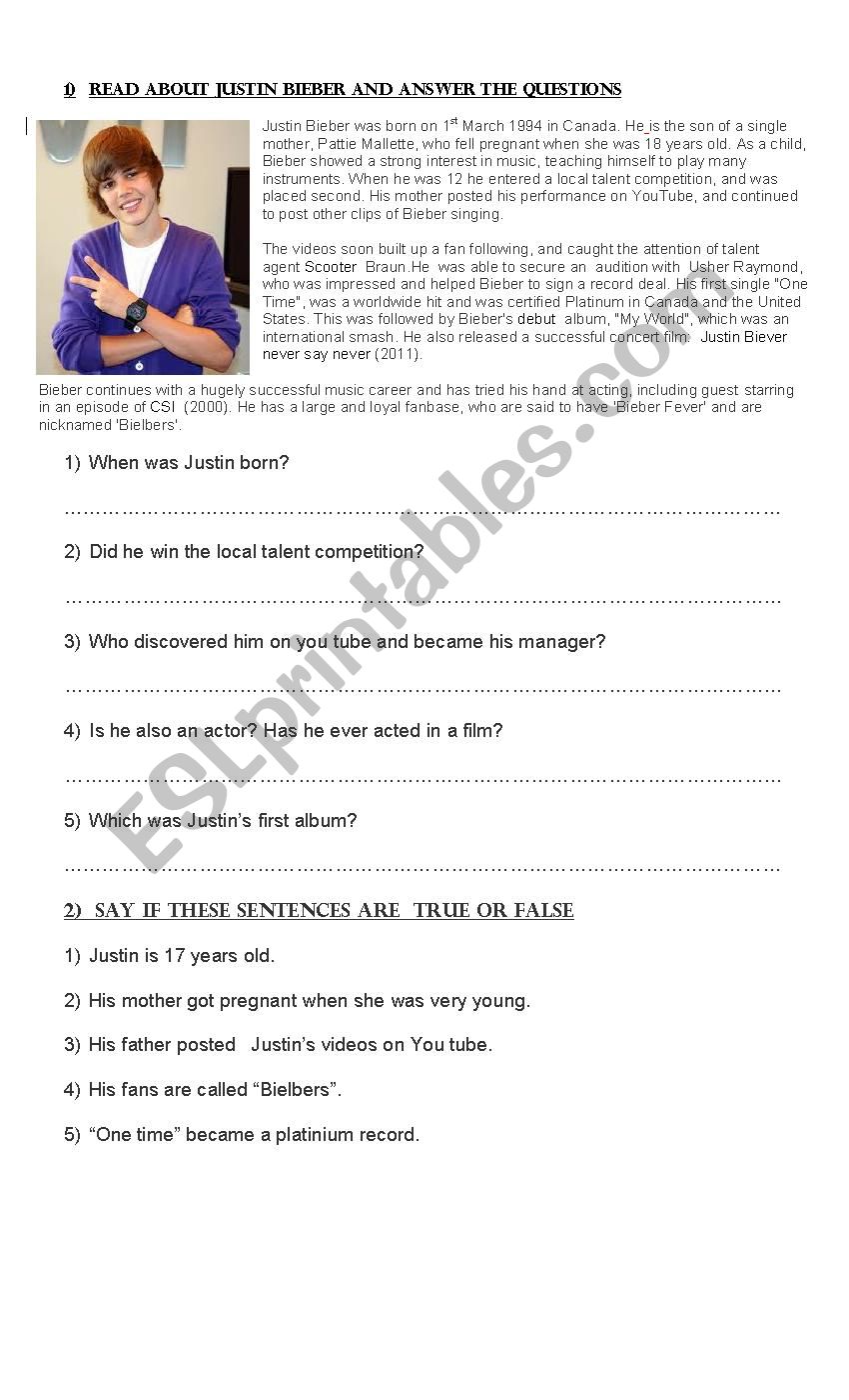 Reading about Justin Bieber worksheet