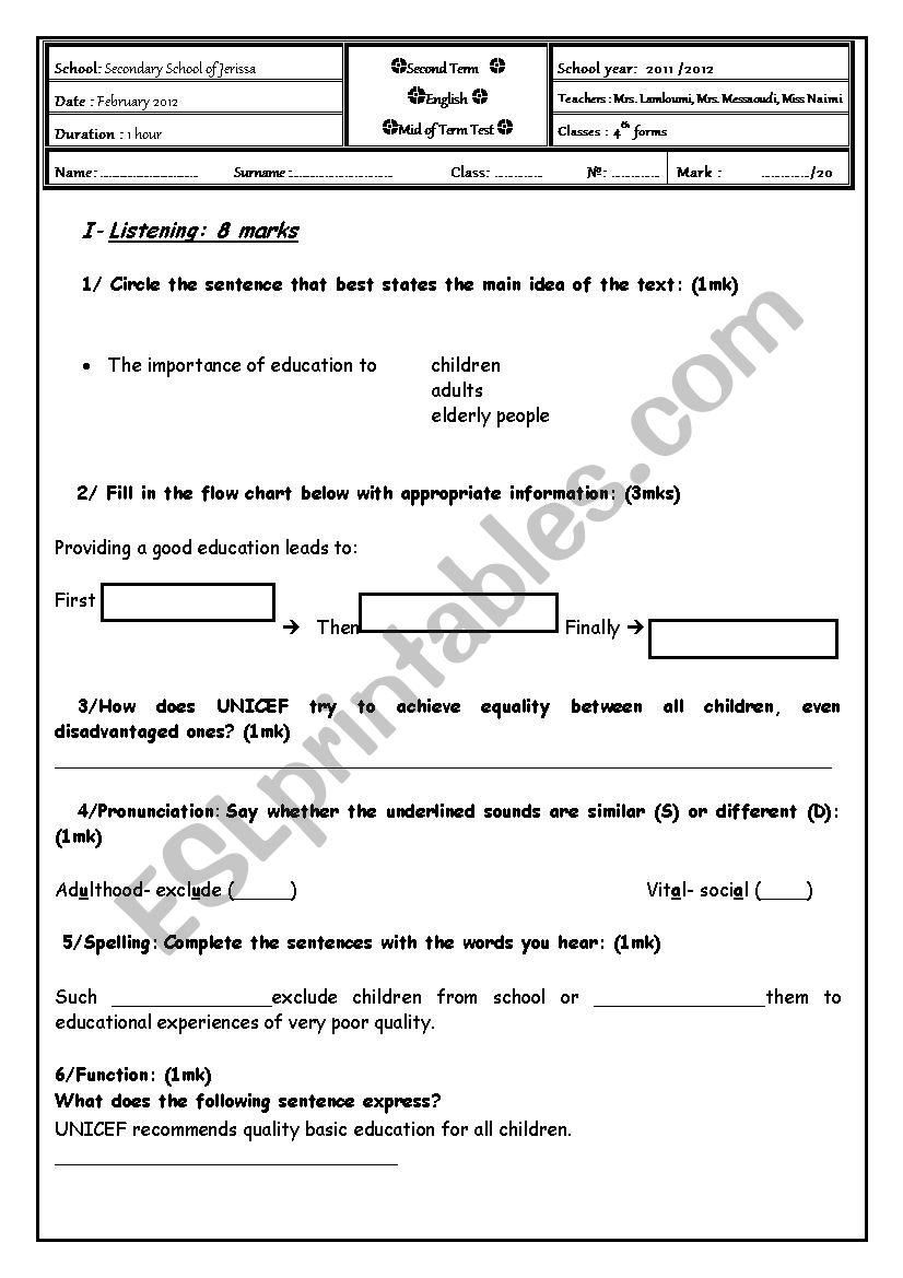 Mid term test worksheet