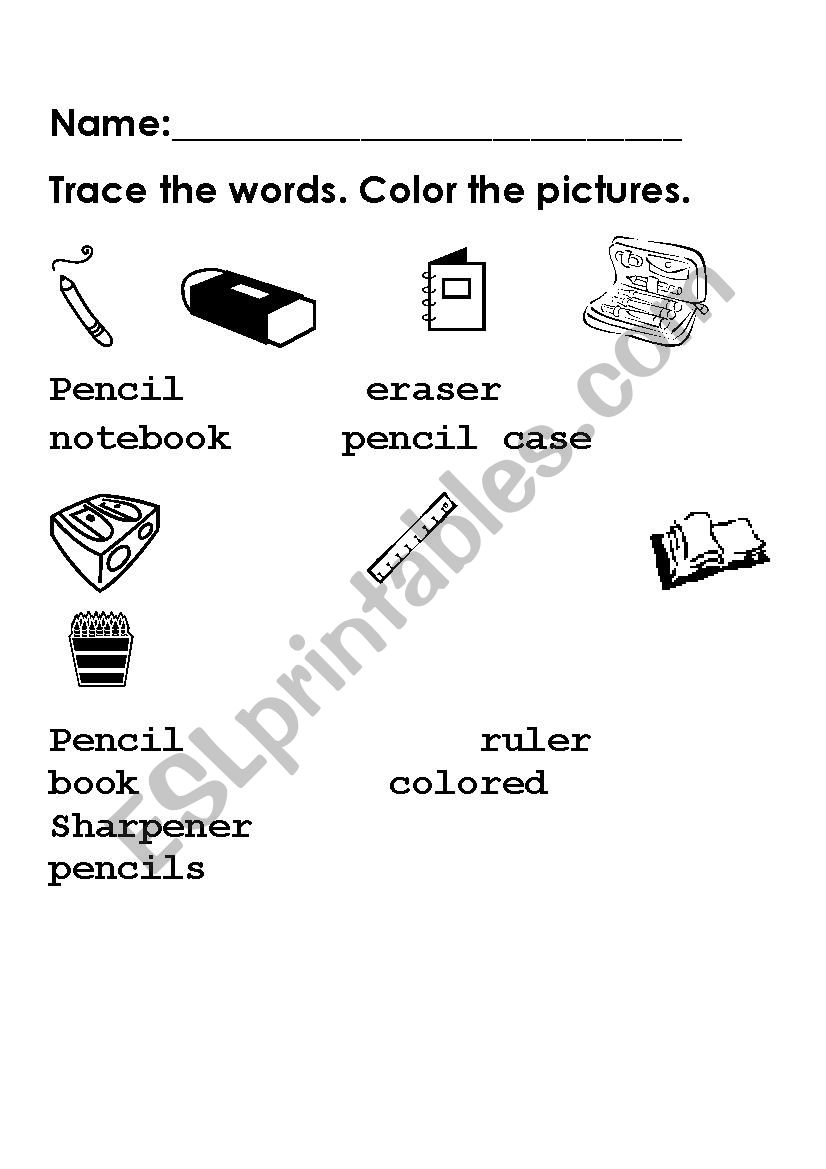 Trace the School Objects worksheet