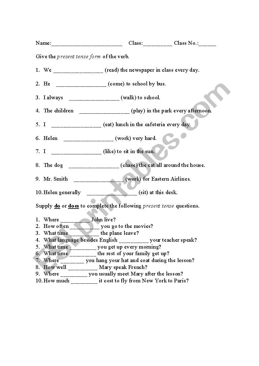 Present tense worksheet