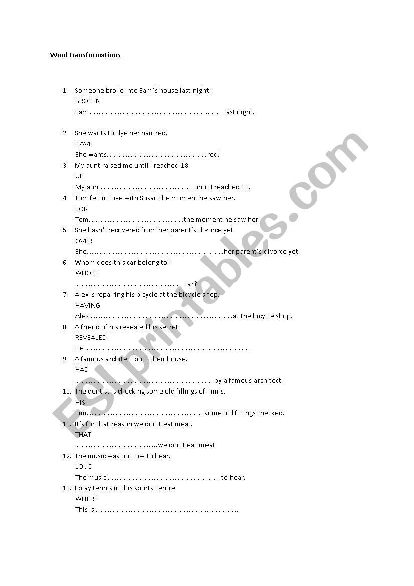 Word transformations on Causative, Relative clauses and too, enough