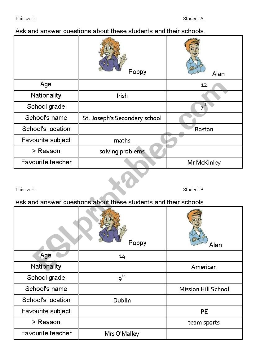 Pair work: at school worksheet