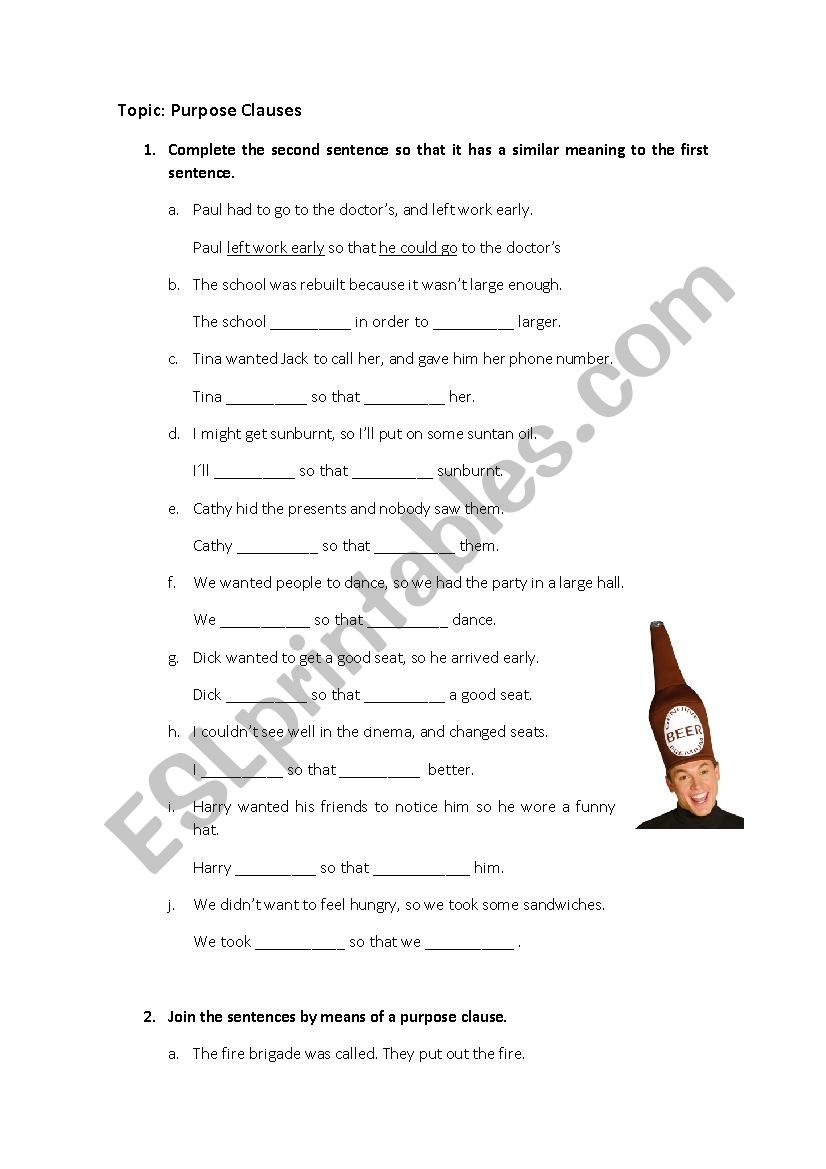 Purpose Clauses worksheet