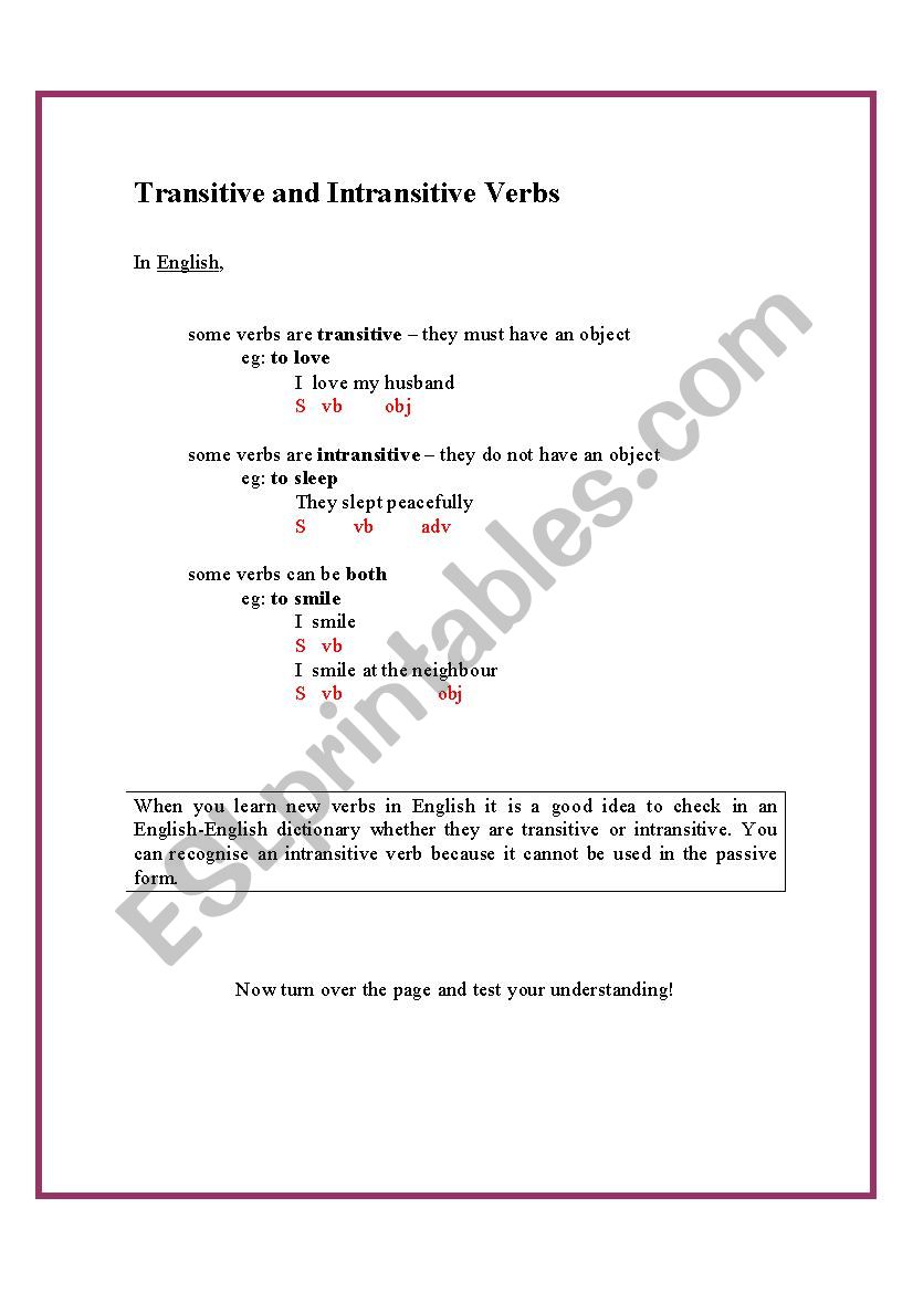 Transitive and Intransitive Verbs - ESL worksheet by Goreme22 Inside Transitive And Intransitive Verbs Worksheet