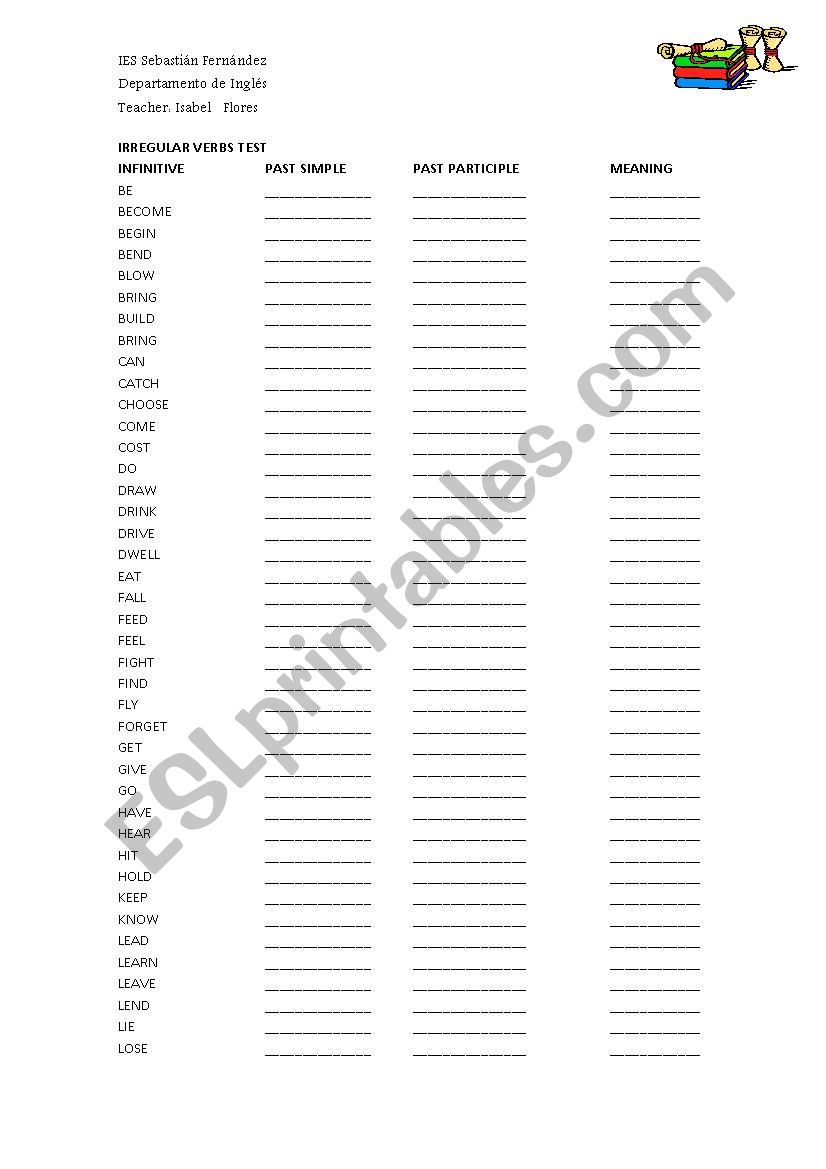 Test for irregular verbs worksheet