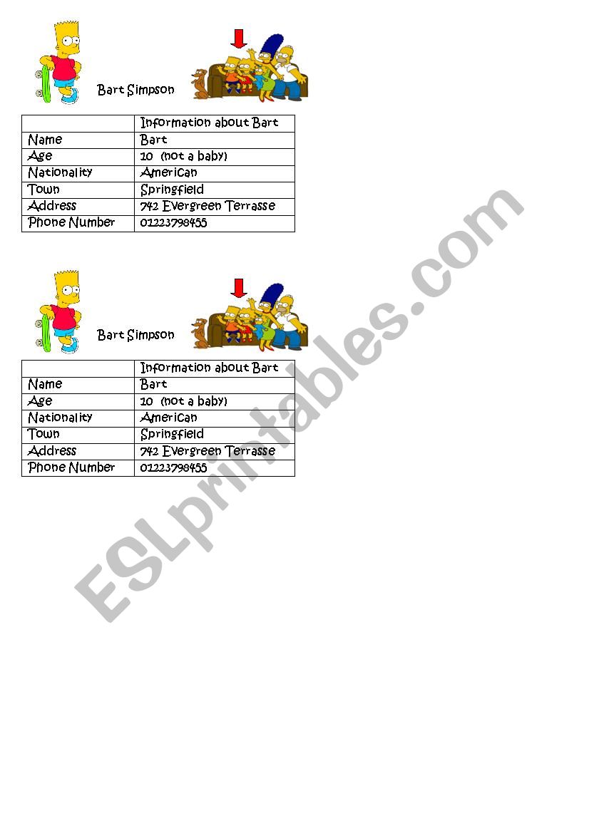 Introduce Bart Simpson worksheet