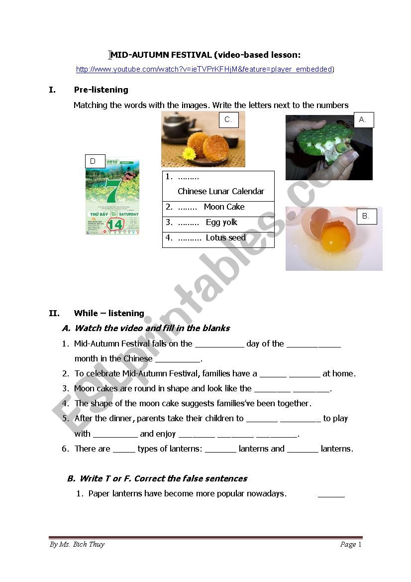 A video-based worksheet for Mid-Autumn Festival