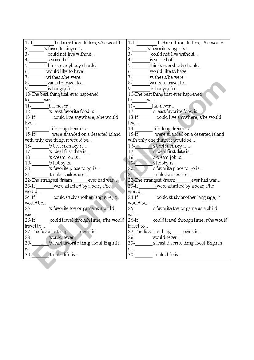 ESL Stem Game worksheet