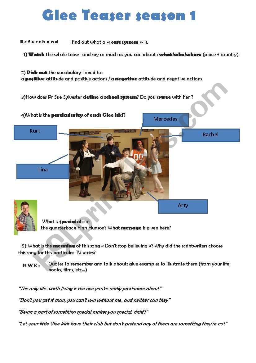 Glee teaser worksheet