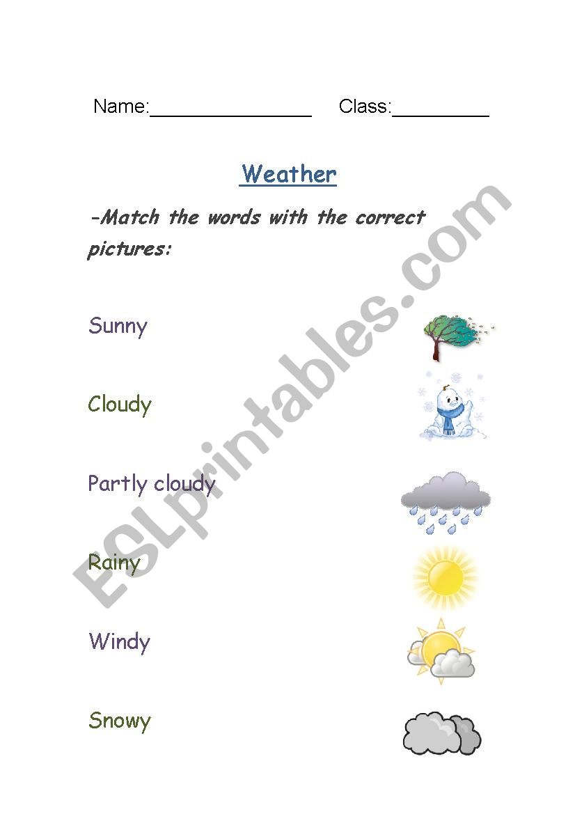 Weather word/picture matching worksheet
