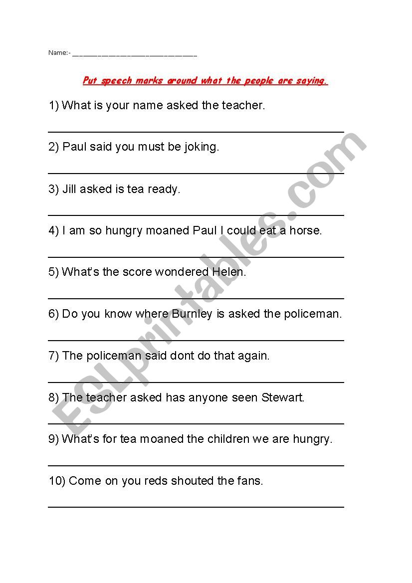 direct speech worksheet year 6