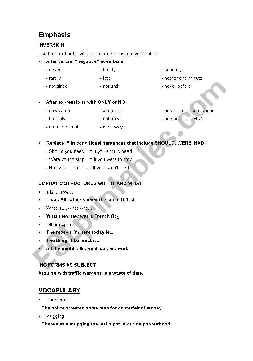 Emphasis worksheet