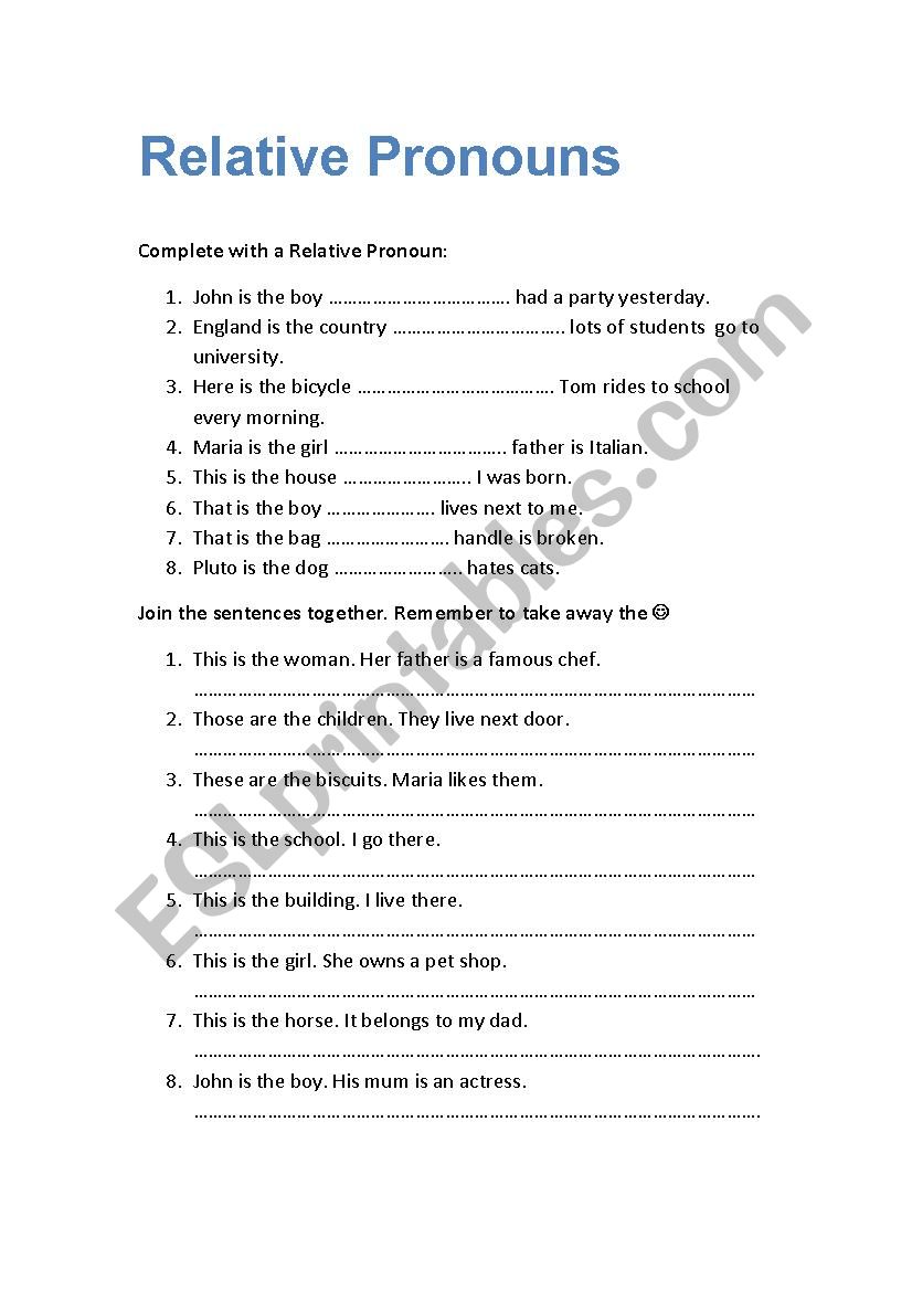 Relative pronouns worksheet