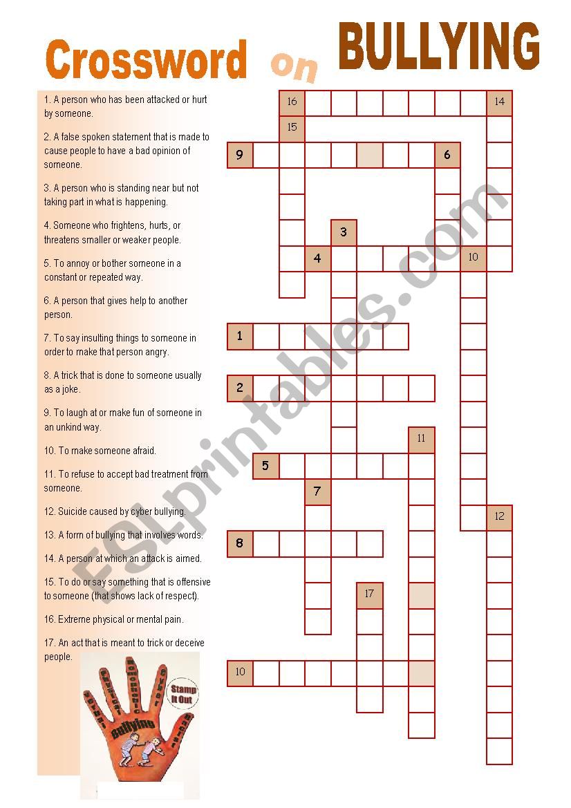 Crossword on Bullying worksheet