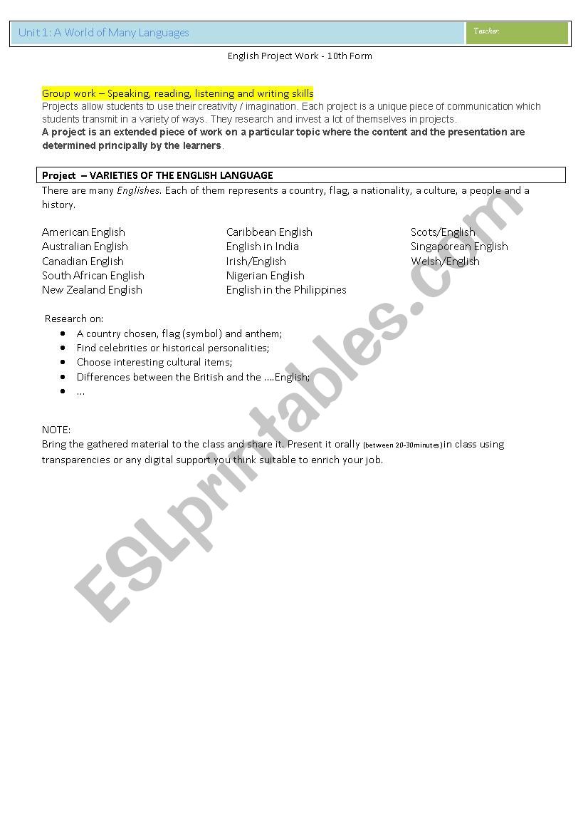 varieties of the english language- 10th Form