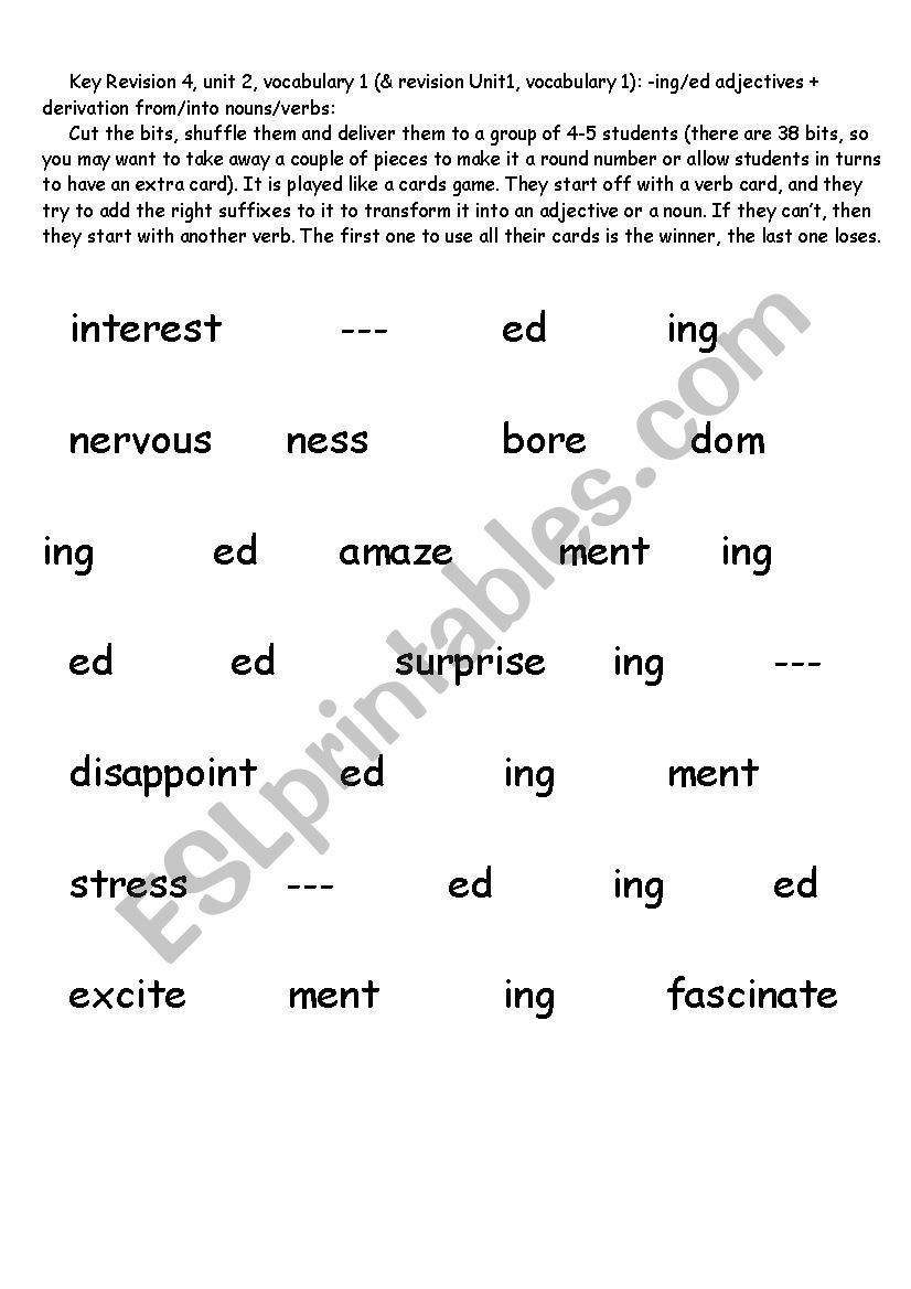 game for derivation of verbs of emotion into ing/ed adjectives and nouns