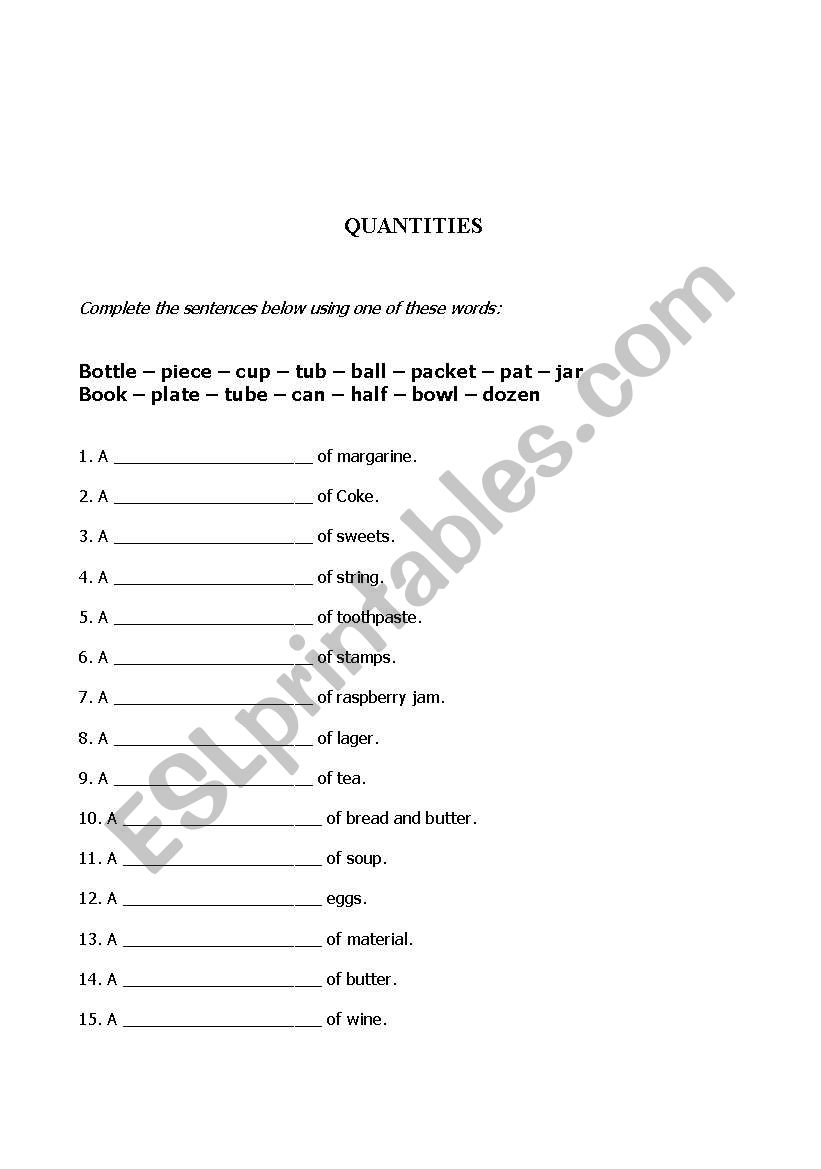 Quantity exercises worksheet
