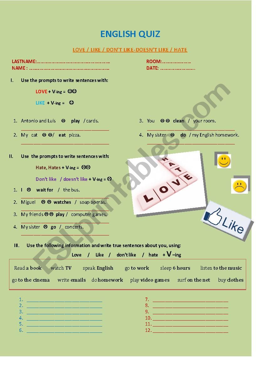 English Quiz - Love / Like / not Like / Hate + V-ing