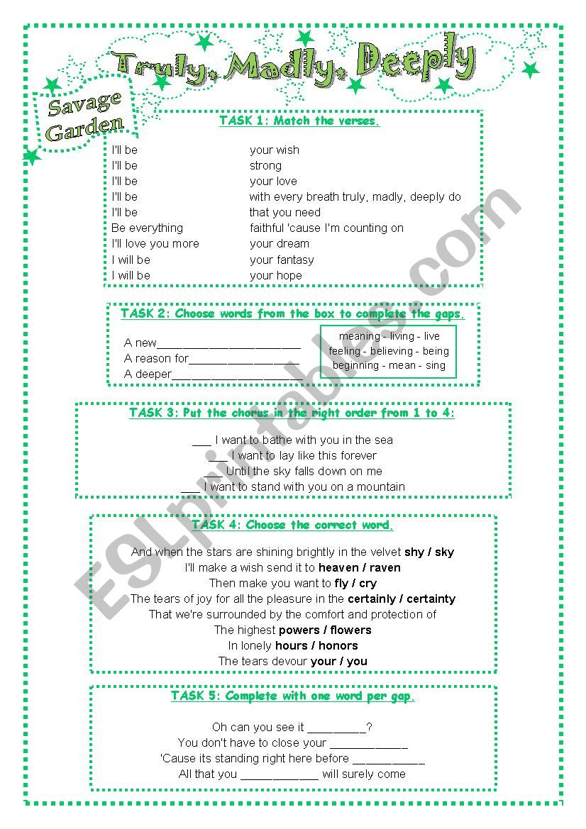 Truly, Madly, Deeply worksheet