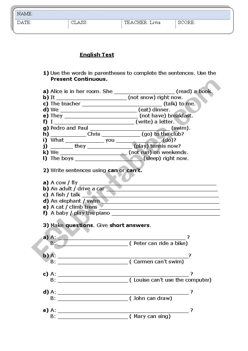 English Test worksheet