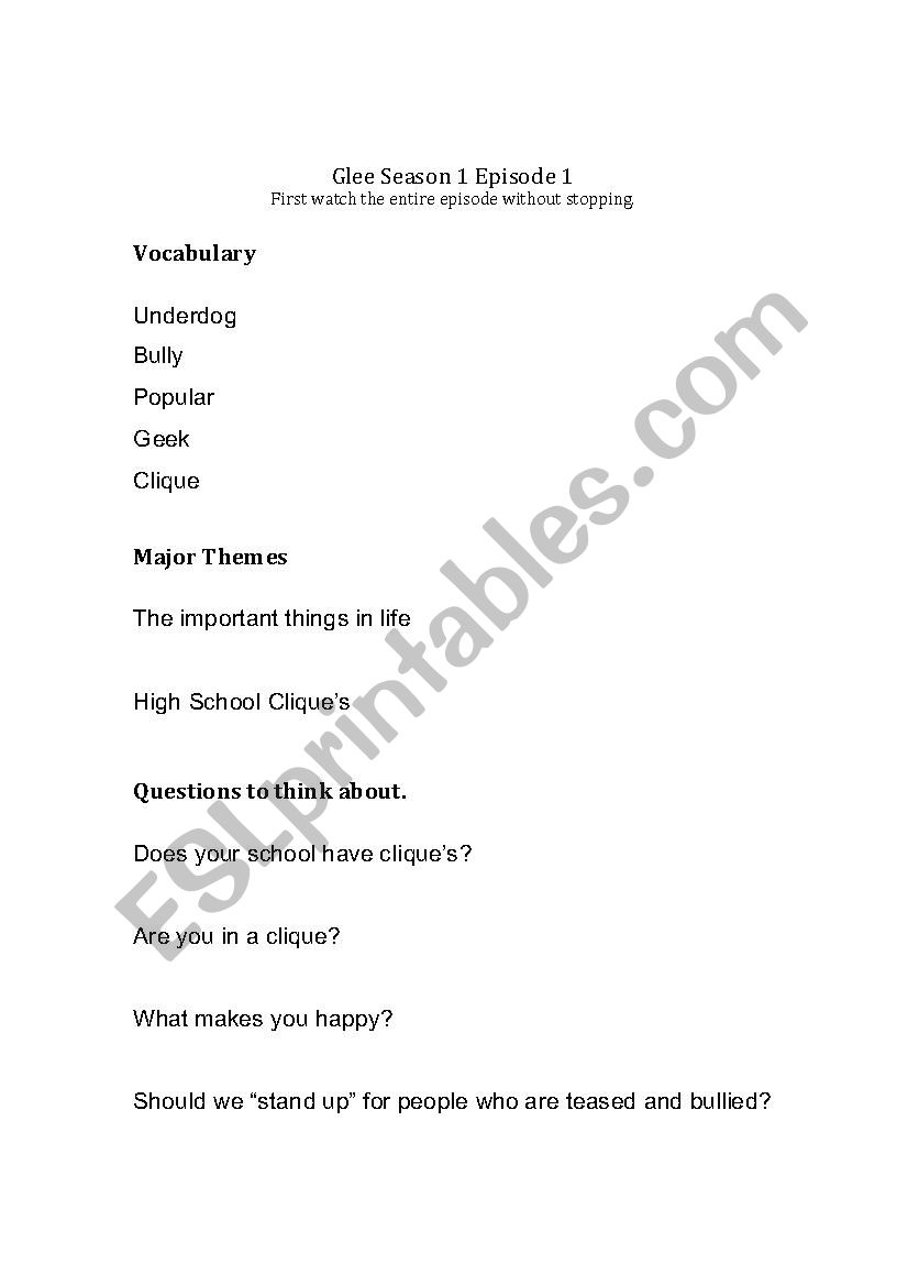 Glee Season 1 Episode 1 worksheet