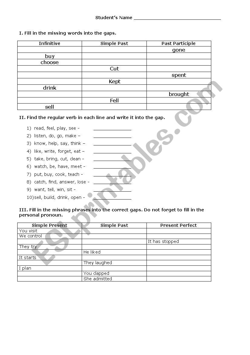 The irregular verbs test worksheet