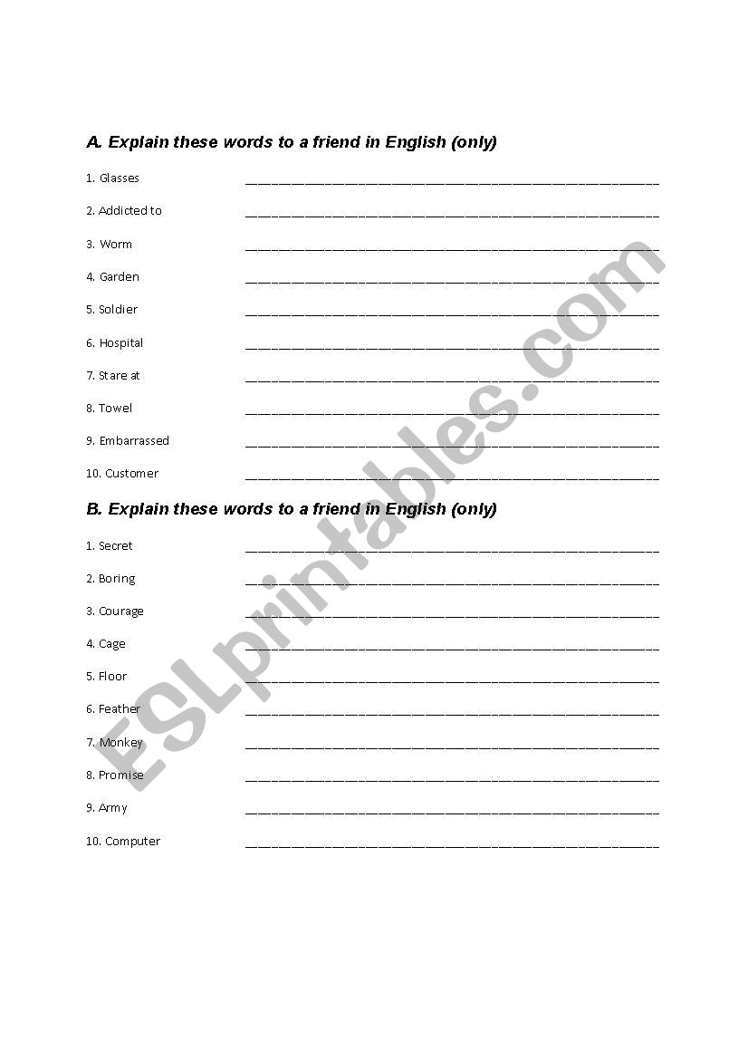 Explain the words in English worksheet