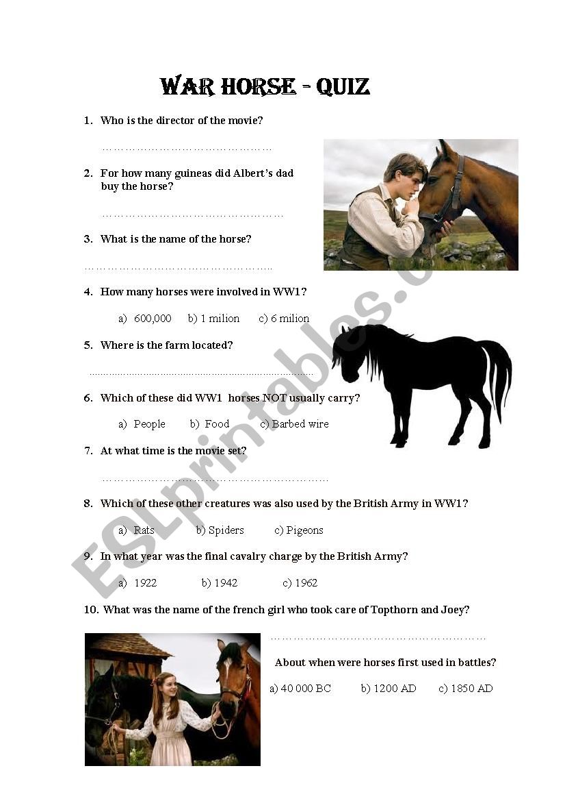 Steven Speilberg + War Horse worksheet