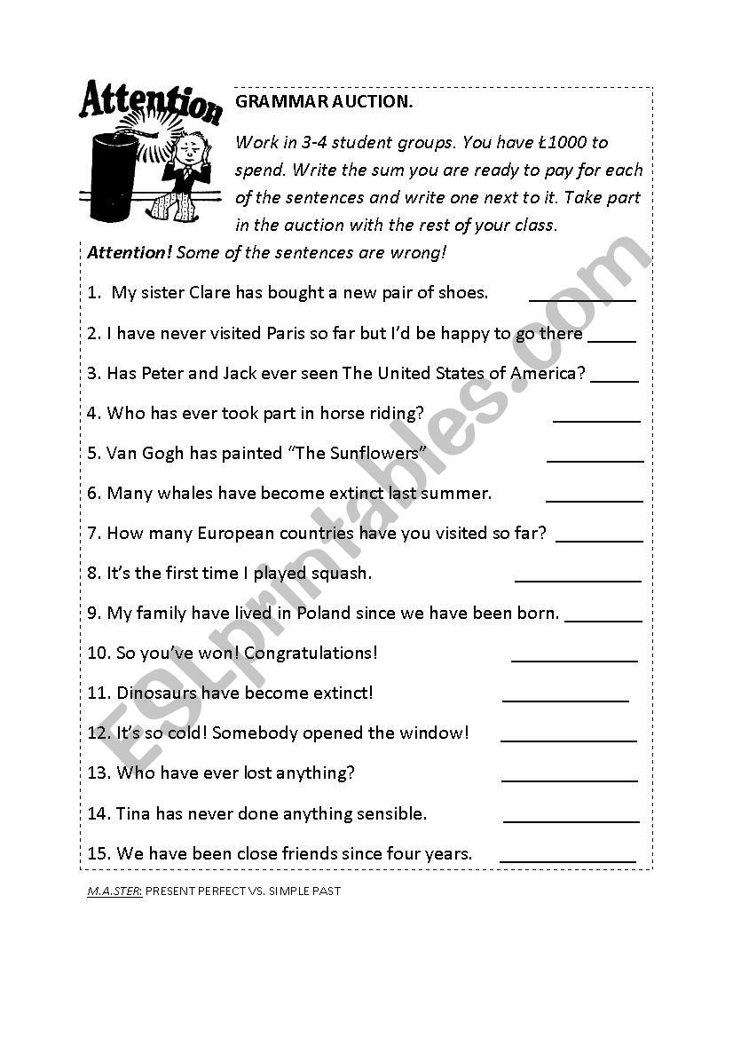 Grammar Auction worksheet