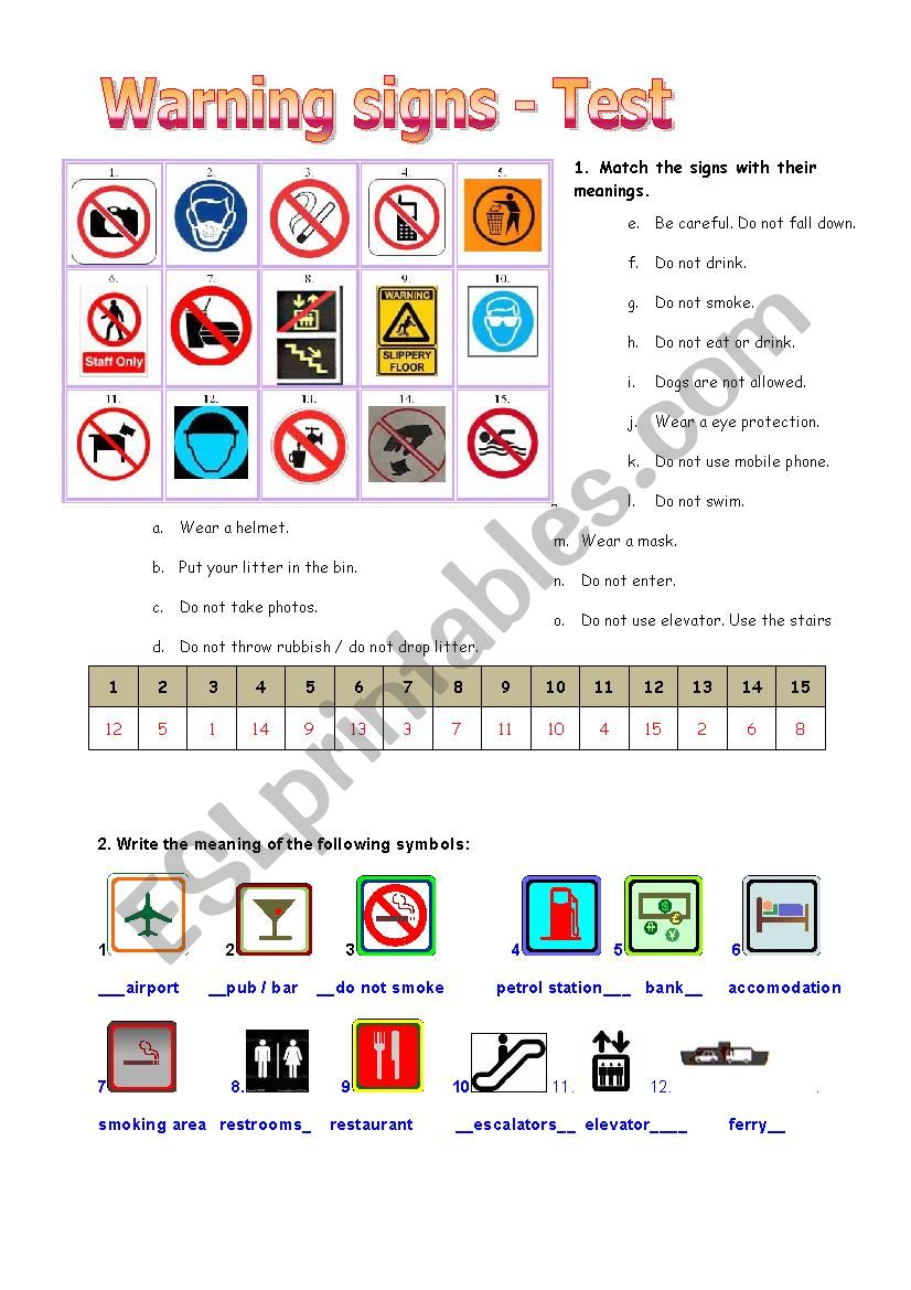 Warning signs hotel and work answer key