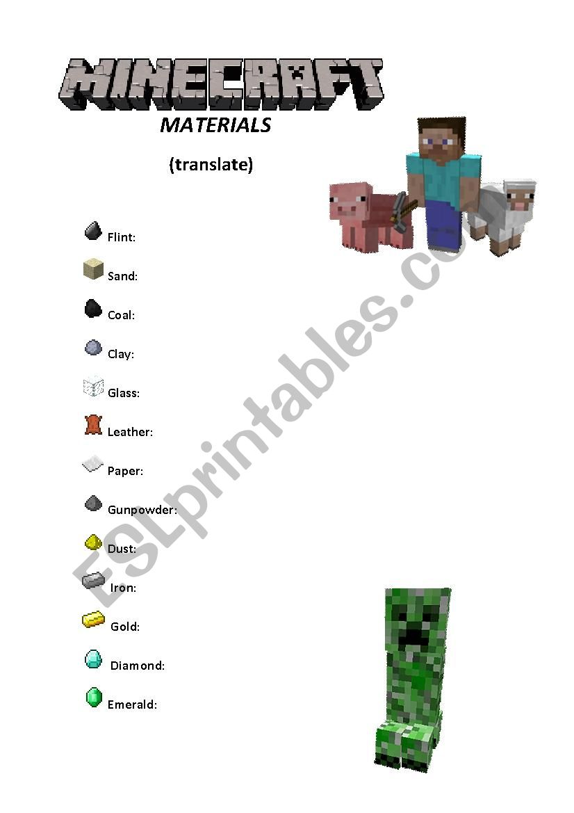 Minecraft Materials Vocabulary