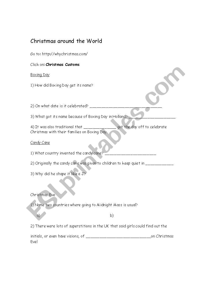 Christmas Around the world worksheet