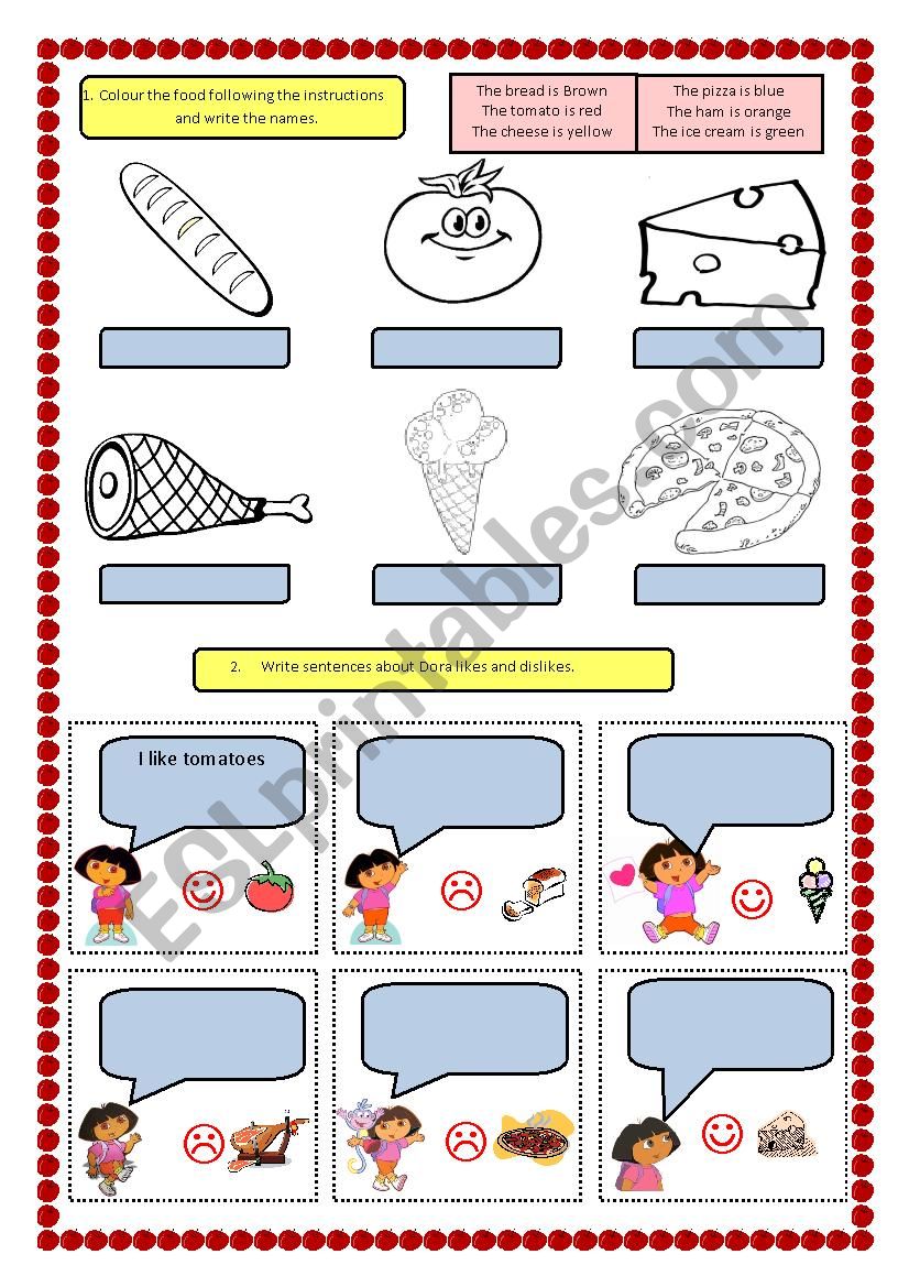 Colour the food and likes/dislikes