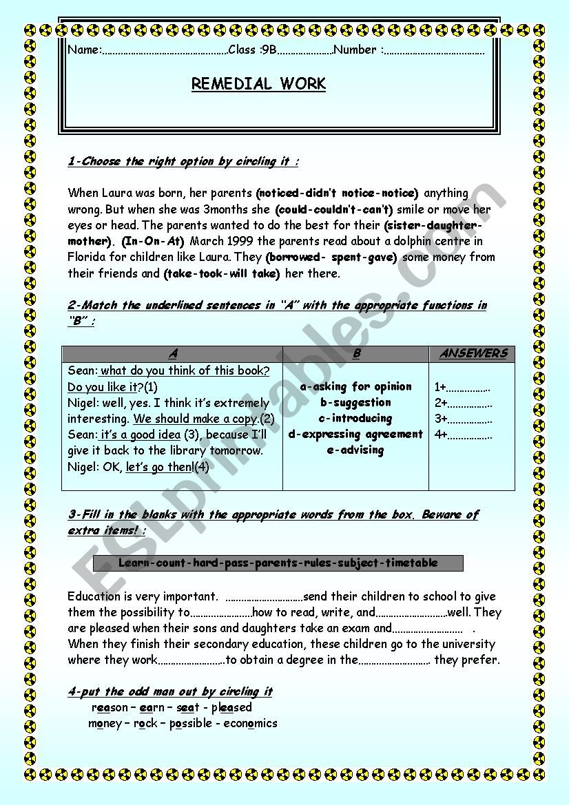 REMEDIAL WORK 9TH FORM worksheet