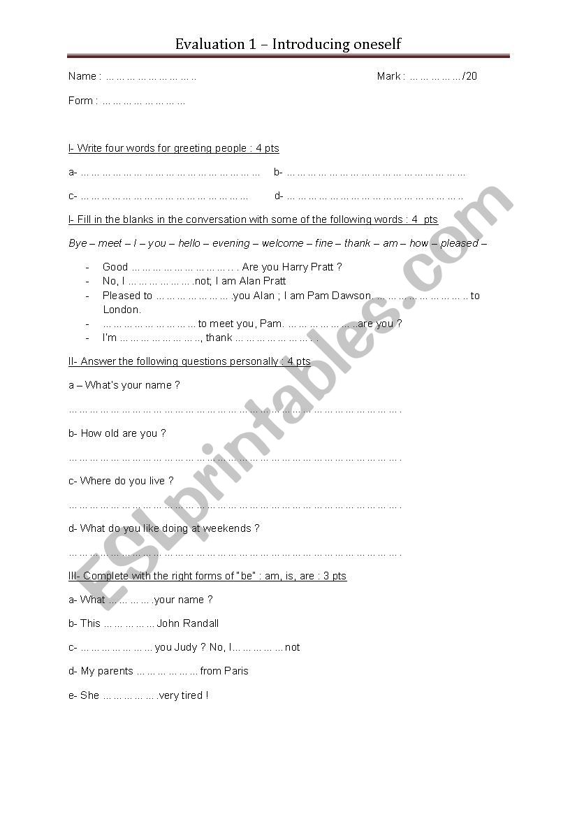  Introducing oneself worksheet