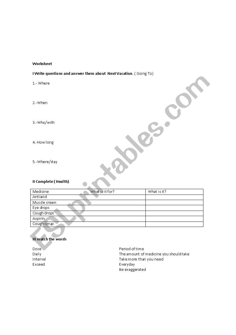 Going to-Health worksheet