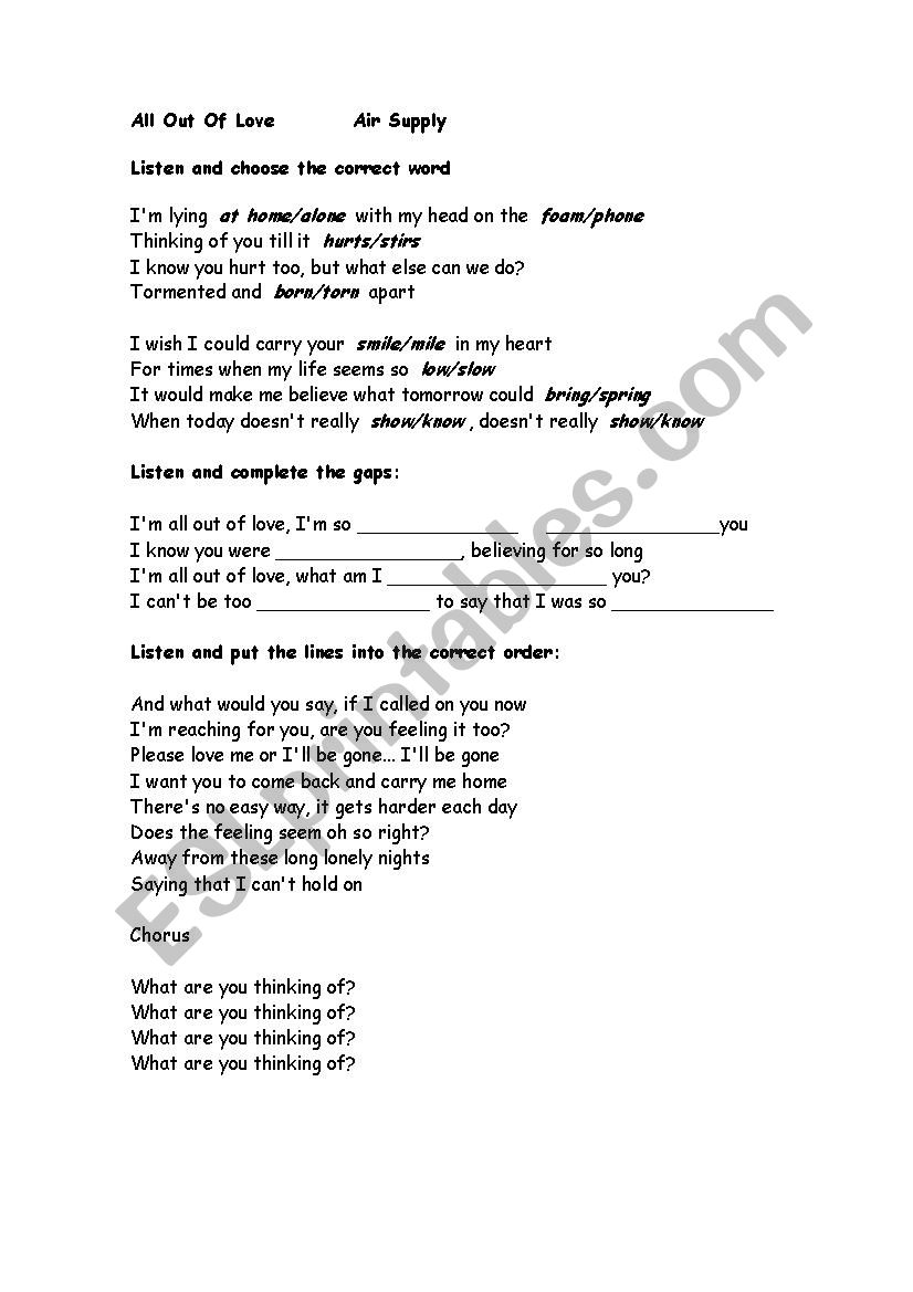 All out of Love Air Supply worksheet