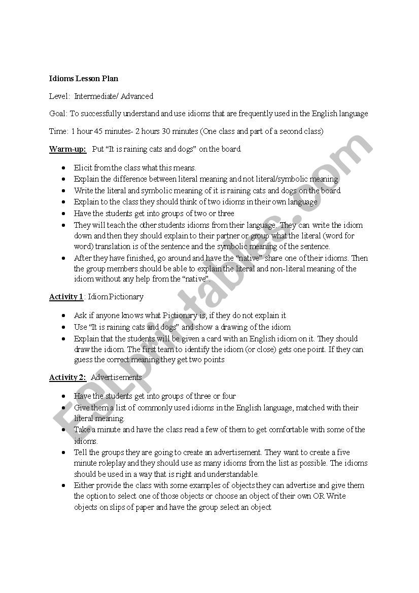 Idioms worksheet