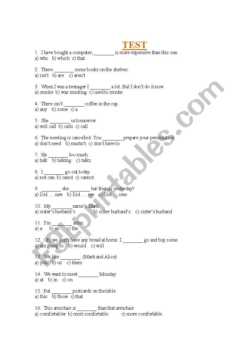 Grammar test worksheet