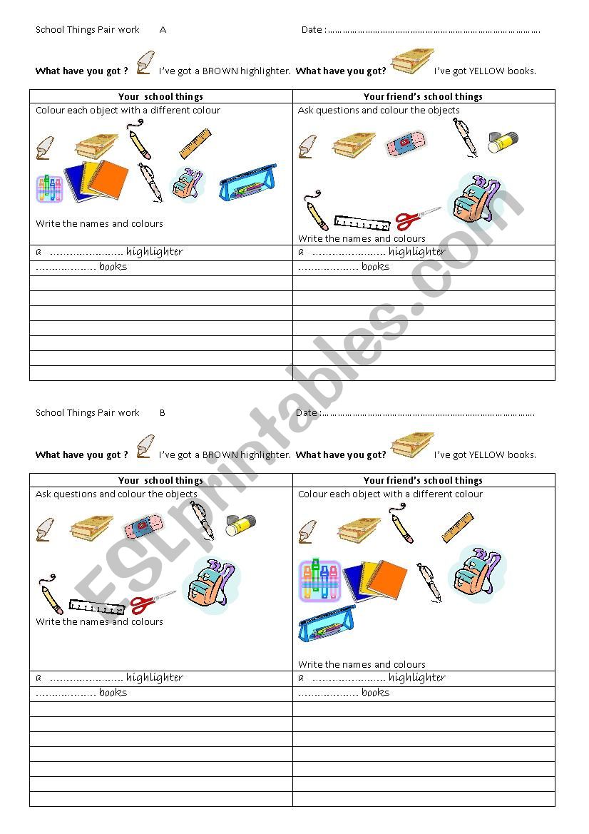 School Things Pair WOrk worksheet